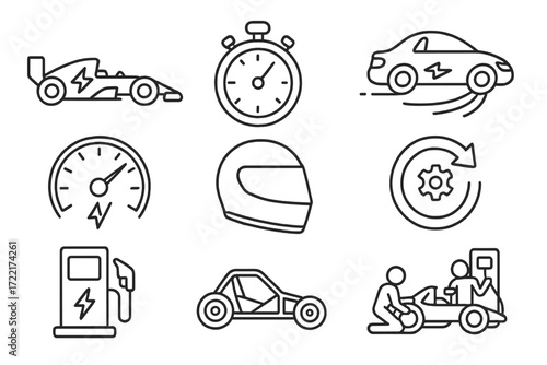 EV Racing Icons. Line style icons of EV racing and performance: electric race car, lap timer, EV drift icon, performance boost