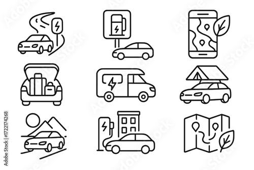 EV Travel Icons. Line style icons of EV travel and tourism: EV road trip, charging stop sign, green route planner, luggage in EV