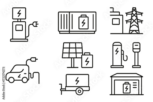 Energy Storage Icons. Line style icons of energy storage for EVs: charging hub, energy storage container, grid battery, power bank