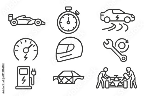 EV Racing Icons. Line style icons of EV racing and performance: electric race car, lap timer, EV drift icon, performance boost