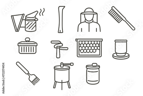 Beekeeping Tools Icons. Line style icons of beekeeping tools: smoker, hive tool, bee brush, beekeeping suit, queen cage, hive