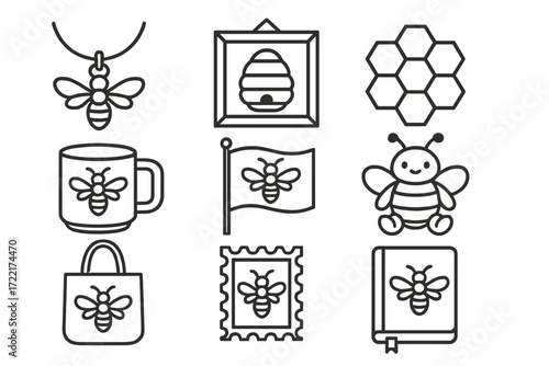 Bee-Themed Icons. Line style icons of bee-themed decor and culture: bee pendant, hive wall art, honeycomb pattern, bee print mug,
