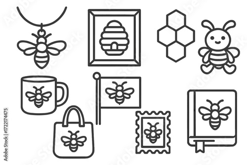 Bee-Themed Icons. Line style icons of bee-themed decor and culture: bee pendant, hive wall art, honeycomb pattern, bee print mug,