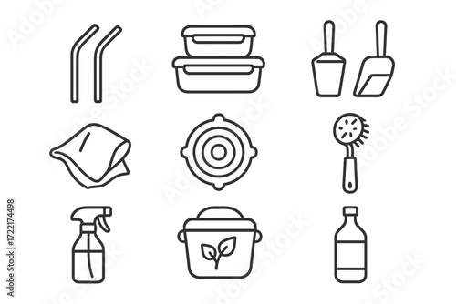 Zero-Waste Kitchen Icons. Line style icons of kitchen tools for zero-waste living: metal straws, reusable food containers, bulk