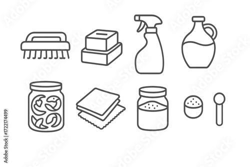 Sustainable Cleaning Icons. Line style icons of sustainable cleaning tools: wooden scrub brush, refill soap block, spray cleaner