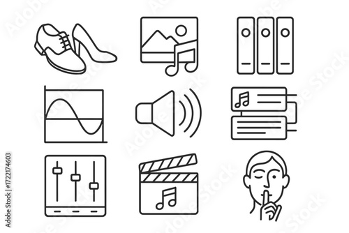 Sound Design Icons. Line style icons of sound design in indie film: Foley shoes, ambient track, sound library, volume curve, echo