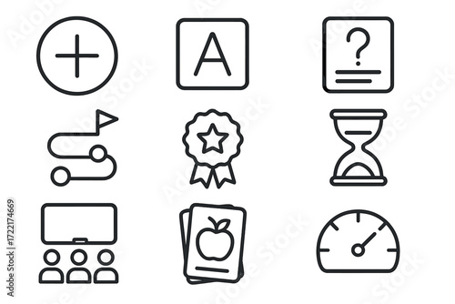 Educational Board Game Icons. Line style icons of educational board games: math token, alphabet tile, quiz card, learning path,