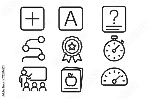 Educational Board Game Icons. Line style icons of educational board games: math token, alphabet tile, quiz card, learning path,