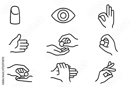Magician Icon Set. Line style icons of sleight of hand: thumb tip, misdirection eye, hand switch, finger palm, false transfer,