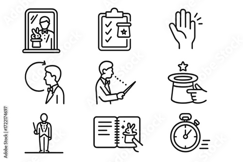 Magical Practice Icons. Line style icons of magical practice: mirror rehearsal, trick checklist, hand warm-up, routine repeat,