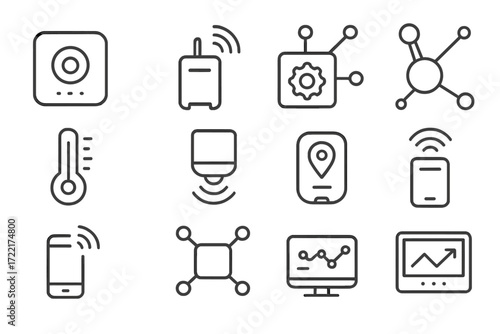 IoT Device Icons. Line style icons of IoT devices for digital twins: smart sensor, data transmitter, connected asset, temperature