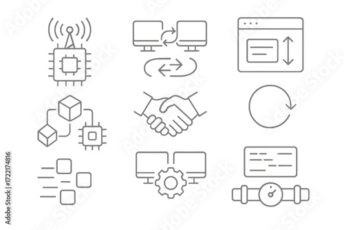 Digital Communication Icons. Line style icons of digital twin communication protocols: MQTT icon, HTTP twin sync, WebSocket stream
