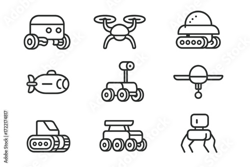 Line Style Swarm Robots. Line style icons of small-scale swarm robots: wheeled mini robot, micro drone, crawler bot, underwater