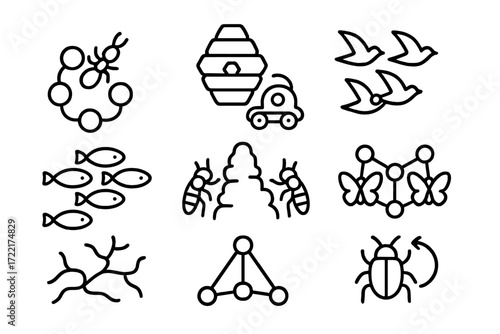 Bio-Inspired Swarm Icons. Line style icons of bio-inspired swarm systems: ant trail logic, bee hive bot, bird flock mimic, fish