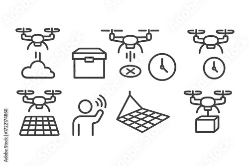 Swarm Deployment Icons. Line style icons of swarm deployment and retrieval: launch icon, transport box, drop zone, timed release,