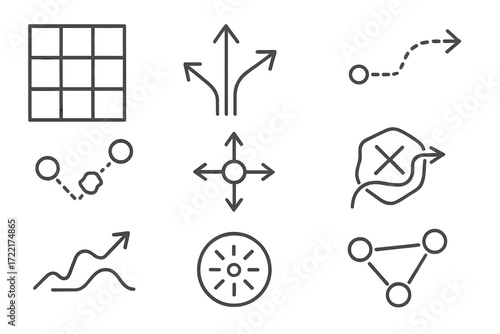 Swarm Path Planning Icons. Line style icons of swarm path planning: map grid icon, path arrows, dynamic reroute, real-time