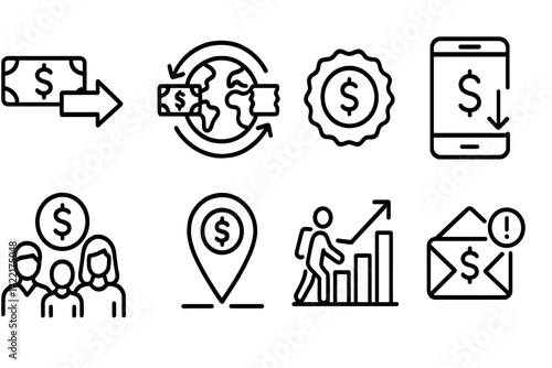 Microfinance Icons. Line style icons of microfinance and remittances: money transfer icon, cross-border send symbol, low-fee