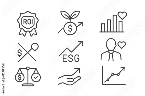Impact Investing Icons. Line style icons of impact investing fundamentals: impact fund badge, sustainable ROI icon, social