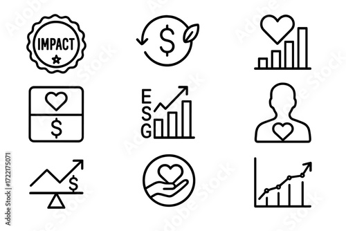 Impact Investing Icons. Line style icons of impact investing fundamentals: impact fund badge, sustainable ROI icon, social