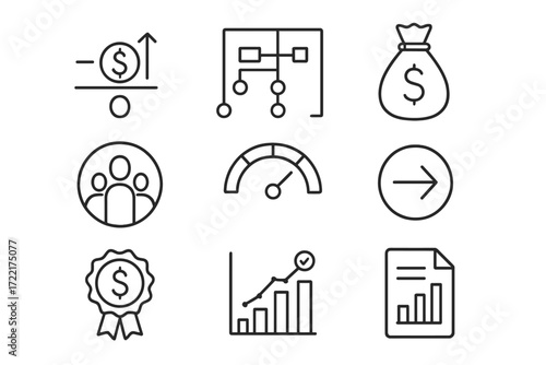 Social Impact Icons. Line style icons of social return on investment (SROI): SROI formula, outcome mapping chart, financial proxy