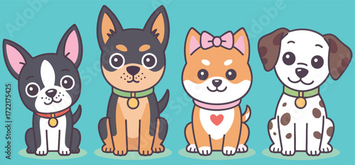 Four cartoon dogs sitting in a row with different breeds and colors on a bright turquoise background