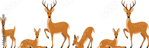 A group of cartoon deer in various poses standing and lying down on a white isolated background scene