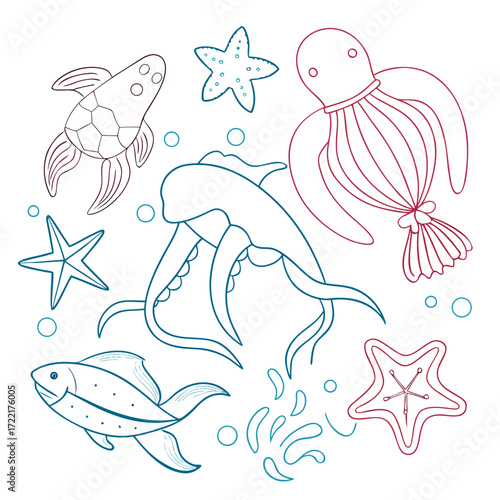 Delightful marine life including starfish, fish, turtle, jellyfish, and octopus swimming in ocean waves, perfect for educational materials and vibrant ocean themed designs