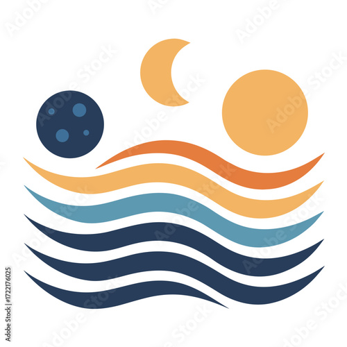 Stunning abstract celestial seascape with sun, moon, and planet, evoking a sense of wonder and tranquility, great for spa, wellness, or travel brand, originally a scalable vector graphic