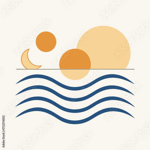 Serene sunset illustration with moon and calming ocean waves, perfect for creating a peaceful and relaxing atmosphere in any design or project, evokes tranquility