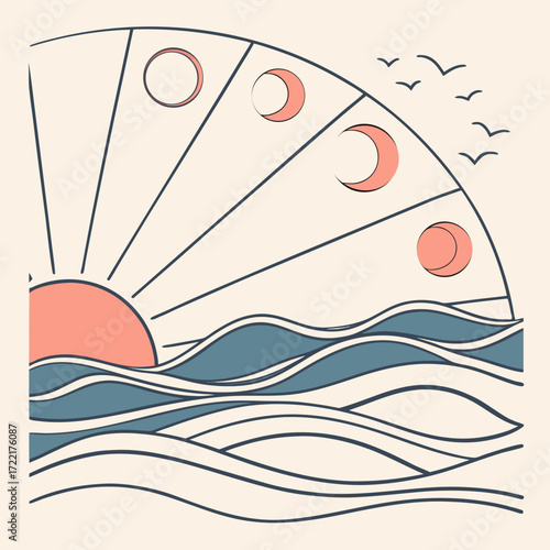 Bohemian sunset and moon phases over ocean waves, evoking tranquility and wanderlust, perfect for spiritual wellness brands and coastal lifestyle designs, originally created as scalable vector art