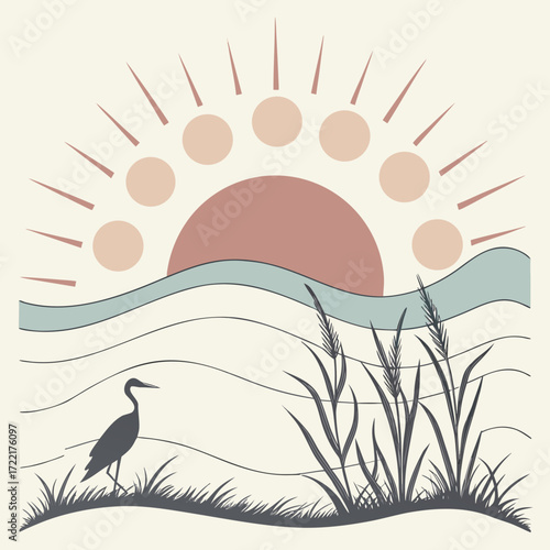 Elegant minimalist coastal scene with heron at sunset, evoking tranquility and natural beauty, perfect for serene home decor or calming wellness brands, originally a scalable vector graphic