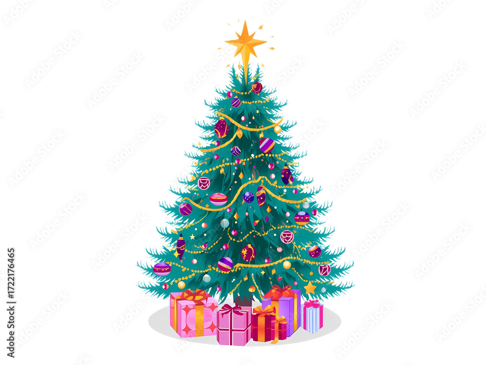 Naklejka premium Vector Christmas tree with gifts and golden star on transparent background