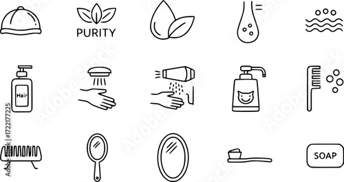 set of 10 outline web hygiene icons such as shower cap, purity, body odour, hair tonic, drying hands, douche, grooming vector icons for report, presentation, diagram, web design, mobile app