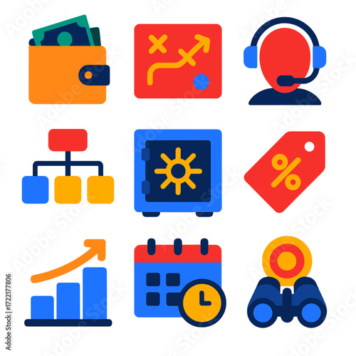 Modern Business Icons. Flat vector icons of business general glyph: wallet with cash, business strategy plan, customer support