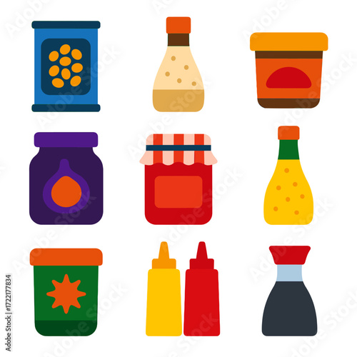 Bold Pantry Icons. Flat vector icons of pantry staples and condiments: tin of baked beans, bottle of sesame dressing, container of