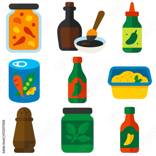 Pantry Essentials Icons. Flat vector icons of pantry staples and condiments: jar of spiced mango chutney, balsamic vinegar with