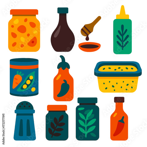 Pantry Essentials Icons. Flat vector icons of pantry staples and condiments: jar of spiced mango chutney, balsamic vinegar with