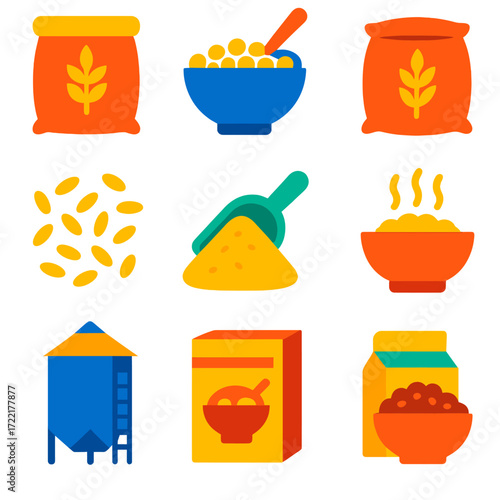 Colorful Grain Icons. Flat vector icons of grain and cereal: bag of flour with wheat symbol, bowl of cereal with spoon, sack of
