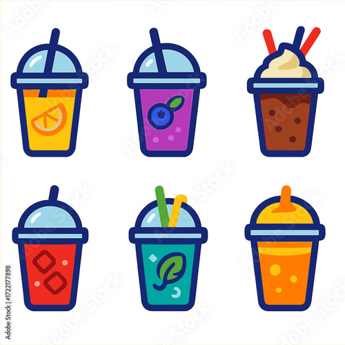 Vibrant Drink Icons. Flat vector icons of drink plastic cup with straw: lemon iced tea with classic cup lid, blueberry lemonade