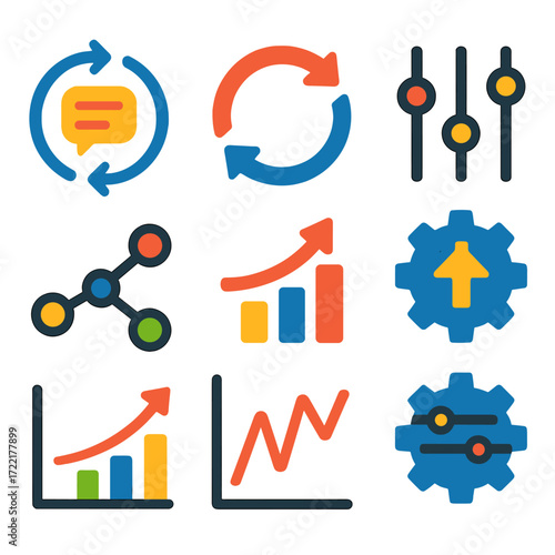 Modern Feedback Icons. Flat vector icons of feedback and adjustment: feedback loop, cycle with arrow, adjust sliders, optimization