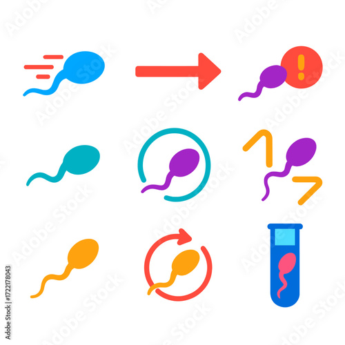Sperm Motility Icons. Flat vector icons of sperm movement and motility: fast-moving sperm icon, linear motion arrow, slow motility