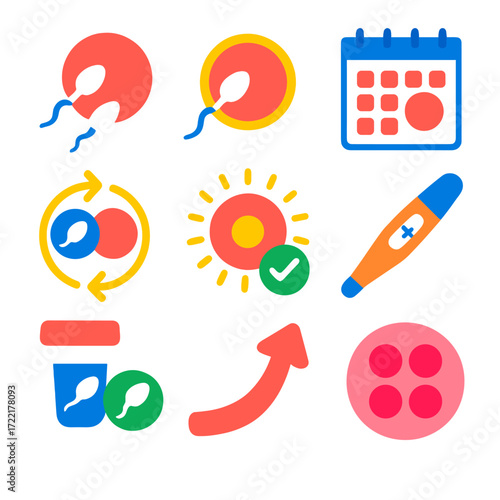 Fertility Icons Collection. Flat vector icons of fertility and conception: sperm and egg meeting, fertilization icon, conception