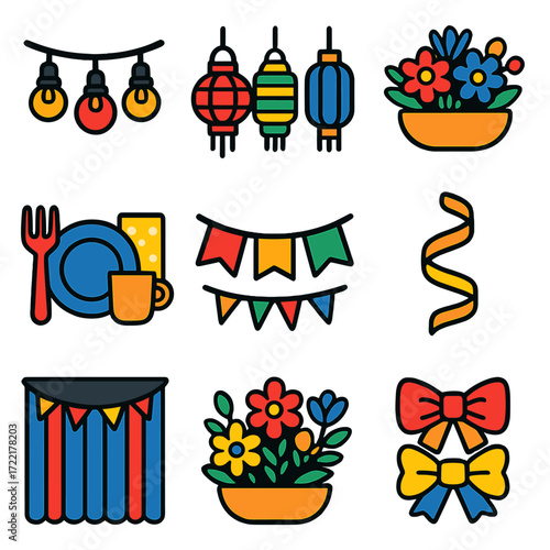 Festive Decoration Icons. Flat vector icons of celebration decorations: string lights icon, hanging paper lanterns, table