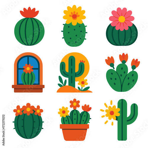 Blooming Cactus Icons. Flat vector icons of blooming cactus species: cactus with red flower, cactus with yellow bloom, cactus with