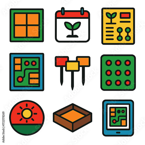 Garden Planning Icons. Flat vector icons of garden planning and layout: square foot garden grid, planting calendar icon, companion