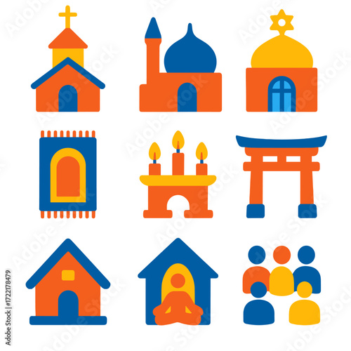 Religious Space Icons. Flat vector icons of religious and spiritual spaces: church with cross icon, mosque silhouette, synagogue