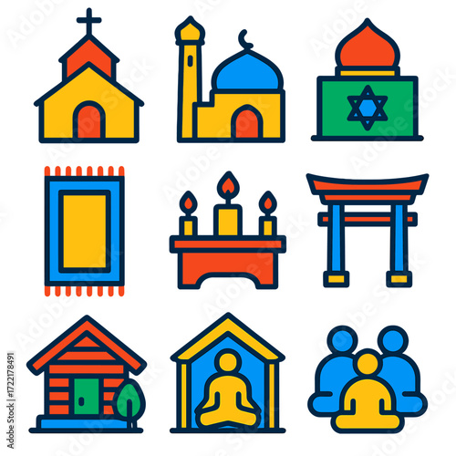 Religious Space Icons. Flat vector icons of religious and spiritual spaces: church with cross icon, mosque silhouette, synagogue
