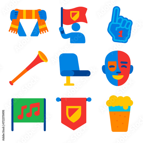 Football Fan Icons. Flat vector icons of football fan culture: scarf waving icon, team flag waving, foam finger with number 1,
