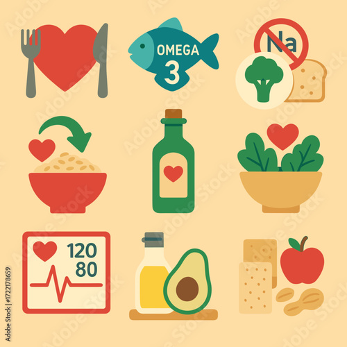Heart-Healthy Nutrition Icons. Flat vector icons of heart-healthy nutrition: heart with fork and knife, omega-3 fish icon, low