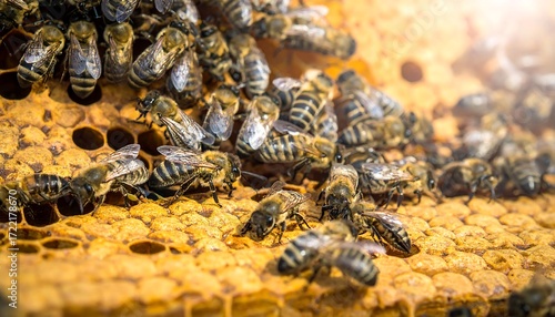 Honeybees clustered on honeycomb